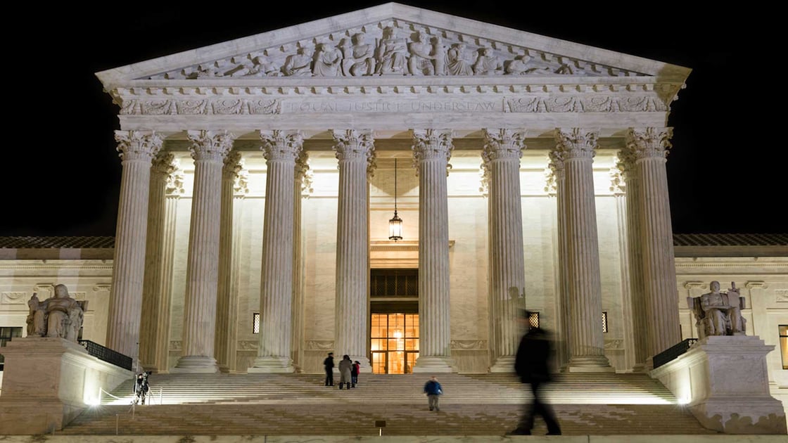 The US Supreme Court building at night