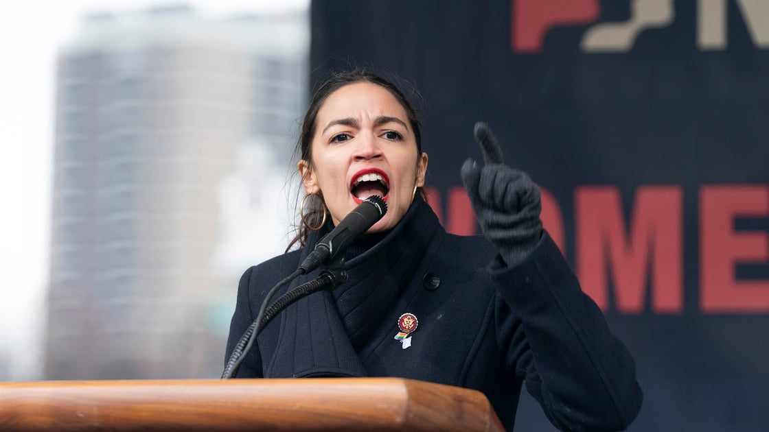 Congresswoman Alexandria Ocasio-Cortez speaking at a Women's Unity Rally in NYC