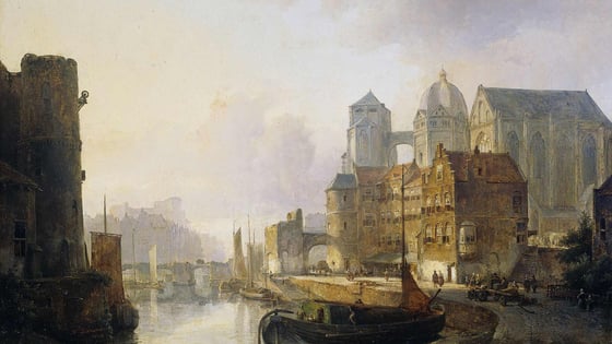 Painting of a gothic cathedral by a river