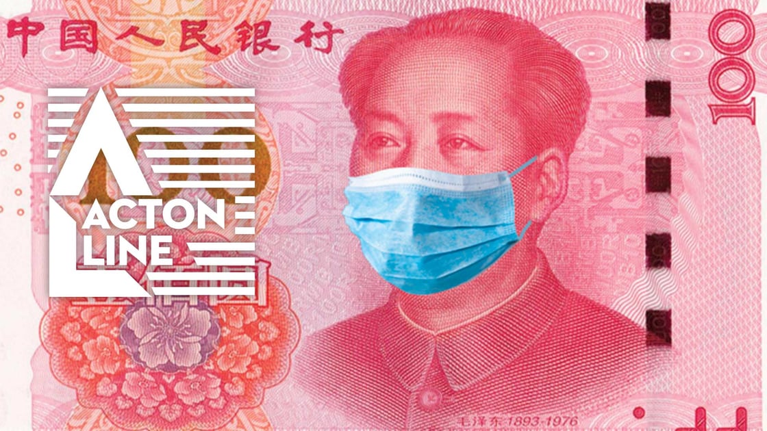 Chinese yuan note showing Mao wearing a surgical mask