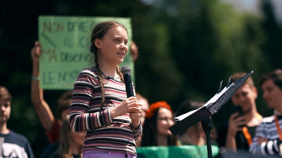Swedish climate activist Greta Thunberg giving a speech in Rome, Italy