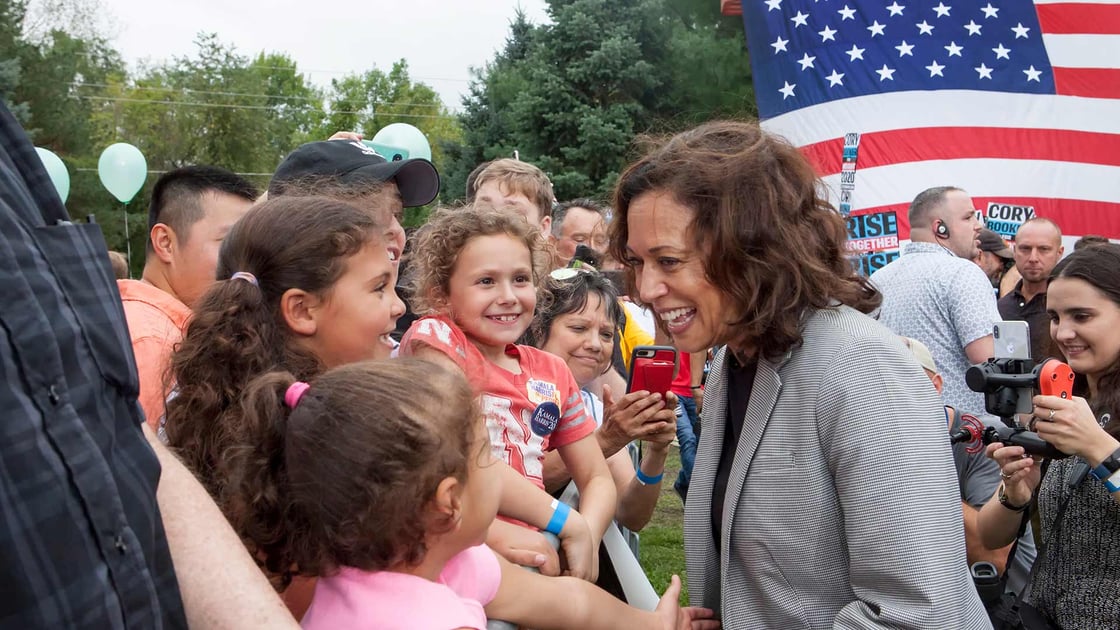 Presidential candidate Kamala Harris speaks to supporters in Des Moines, Iowa in September 2019