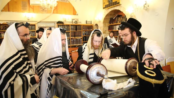 Morning prayers at a synagogue in Safed, Israel