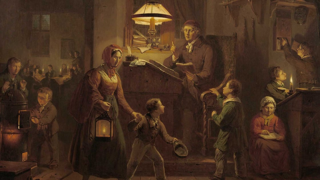The Night School, a painting depicting a mother and father educating a group of children by lamp light