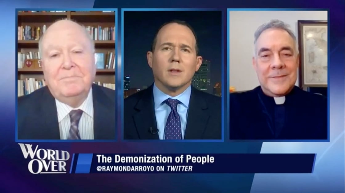 RevRobertSirico-EWTNTheWorldOver-2021-0107-DCRiot-CapitolRiot-BillDonohueOfCatholicLeagueRaymondArroyo-Screenshot-875x490px